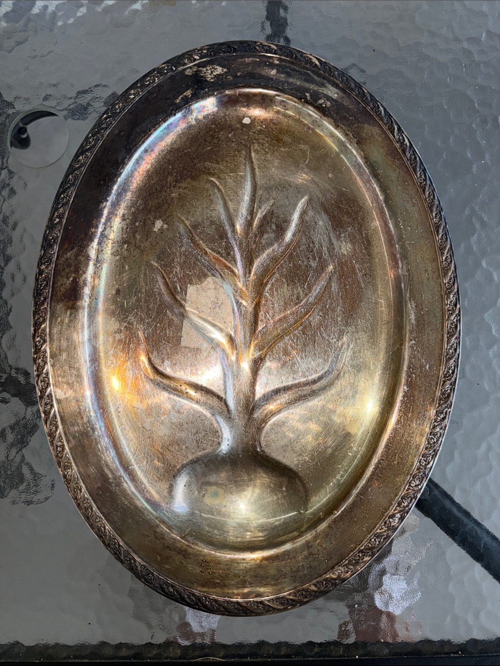 Decorative Silver Embossed Oval Serving Tray